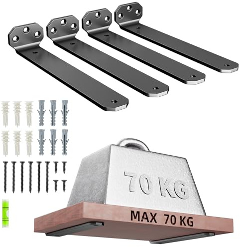 HUAEU Heavy Duty Shelf Brackets, 25cm 4 Pack Black L-Shaped Shelf Supports | 5 mm black L-shaped shelf brackets with fixings; up to 70 kg/pair on solid walls for floating shelves in homes and garages