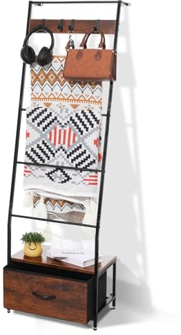 PapeFolicer Metal Blanket Ladder with Storage Drawer, 5 Tier Black Blanket Ladders for the Living Room with Hooks, 5.2ft Wall Leaning Quilt Ladder for Blankets, Towels & Throws, Farmhouse Decor
