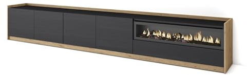 Skraut Home | Mueble TV | Televisión | Muebles de salón, almacenaje | 310x50x37 cm | para TV hasta 80 | Chimenea eléctrica | Estilo Moderno | Negro y Roble