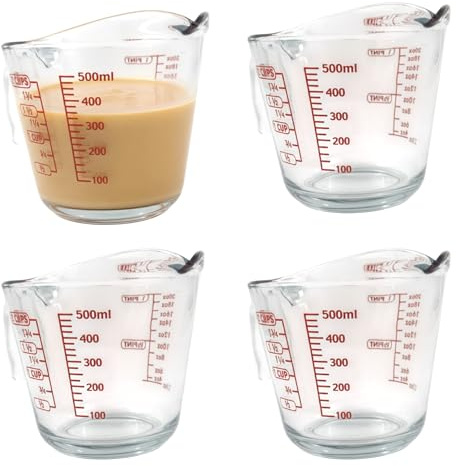 Chabrias Ltd 4 Pack 500 ml Glass Measuring Jug – Clear Tempered Glass with Red Graduations in ml, Cups & Pints – Dishwasher Safe & Freezer Safe Kitchen Measuring Cup (4)