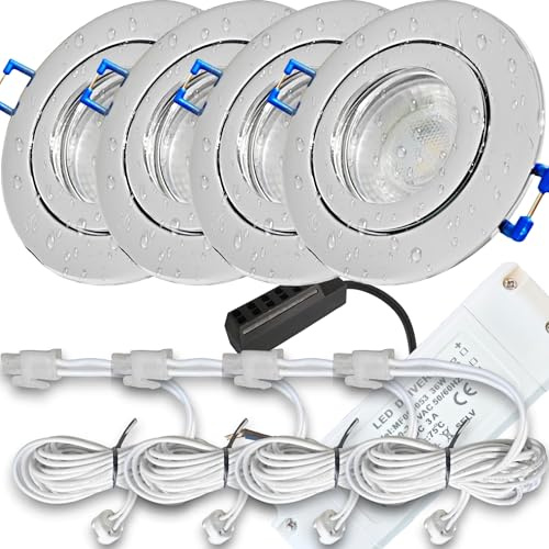 LED Einbauspots 12V Set – 4× 5W IP44 Feuchtraum geeignet – Ø 60–68 mm – Warmweiß 3000K, 400lm – Chrom inkl. Trafo, 4× 120 cm Stromkabel & Verteiler – für Decken in Bad/Küche/Dusche – mit Clipverschluß