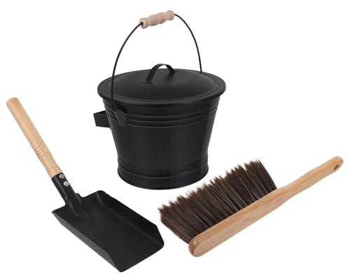 Alipis Wood Stove Tool Kit Fireplace Cleaning Set with Heat Resistant Metal Ash Bucket Lid Broom Shovel for Indoor Outdoor Fireplaces and Fire Pits Safe Ash Removal