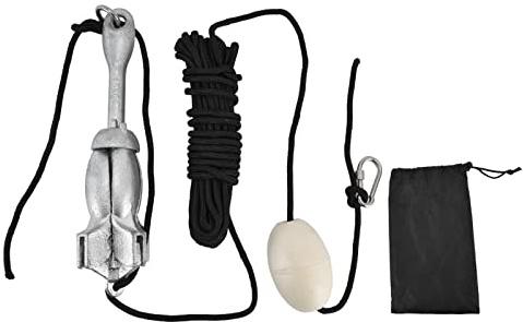 Baxnore Kit de rezón de Anclaje para Barcos Marinos de Alta Resistencia, Plegable, de Acero al Carbono de 1,5 kg con Cuerda de 32,8 pies, boya marcadora de PVC para Barcos de Pesca (Plata (Acero al