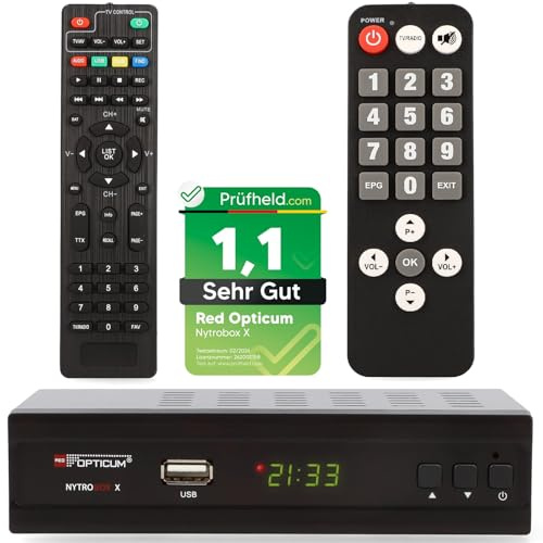 DVB-T2 Receiver mit PVR Aufnahmefunktion + Senior Fernbedienung, Opticum Nytrobox X im Set für DVB-T & DVB T2 HD Fernsehen und Radio HDMI SCART USB (Test = SEHR GUT)
