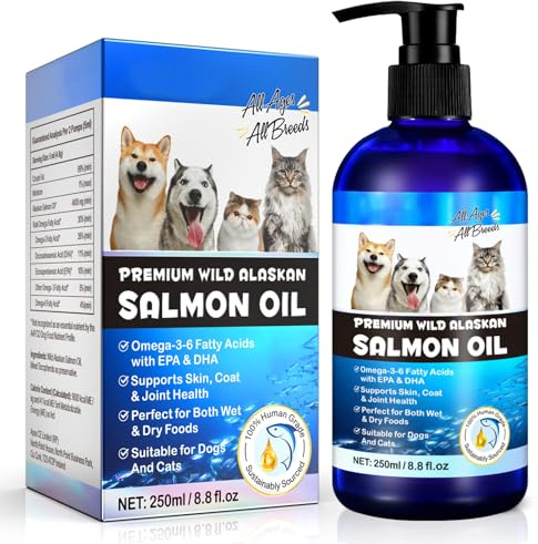 Alaskan Salmon Oil for Dogs & Cats 250ml – Natural Omega 3 & 6 Fish Oil Supplement with EPA & DHA – Supports Skin, Coat, Joints, Brain & Heart – Anti-Inflammatory Pet Supplement for Dogs and Cats