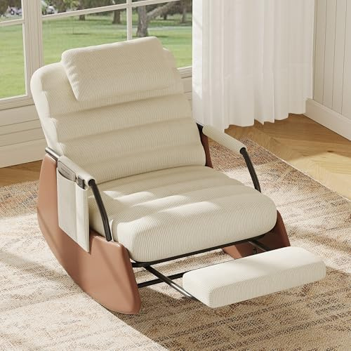 Sedia a Dondolo con Poggiapiedi, Poltrona da Allattamento in Velluto a Coste con Schienale Regolabile e Cuscino per il Collo, Comoda Poltrona Relax per Adulti, Soggiorno (Beige-B, Velluto a coste)