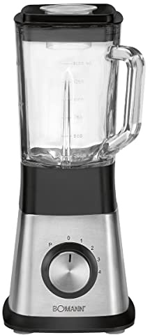 Bomann Standmixer Glas | Hochleistungsmixer | 650 Watt | Mixer inkl. 1,5 Liter Glasbehälter | 4-fach Edelstahlmesser | 6 Geschwindigkeitsstufen (0-1-2-3-4 + Puls) | UM 1374 CB inox/schwarz