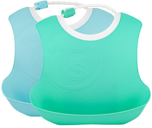 TWISTSHAKE 2 Pcs Baberos Impermeables Silicona Reutilizables Lavables Bebé, Super Suave Baberos Drool Ajustable Saco de Goteo con Grande Bolsillo, Fácil Limpieza, 4+ Meses, Azul Pastel/Verde Pastel