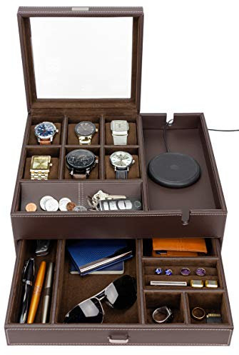 HOUNDSBAY Commander Uhrenbox Organizer & Valet Tray – Herren-Schmuckschatulle – Braun