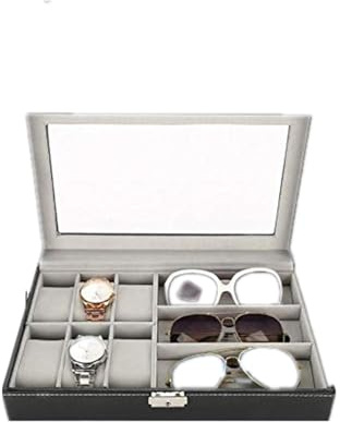 TMISHION 6+3 Grid Brille Uhr Aufbewahrungsbox, Organizers Display Boxen für Kohlefaser Ledertasche Watch Schmuckschatulle Armband, Silber verschließbare Schnalle