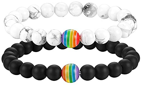 Flongo Partner Armbänder Energiearmband Energie LGBT Armband Regenbogen Streifen Gay Pride Schwul Homosexual Homosexuell Lava Türkis Stein Mala Kugel Perle Herren,Damen Accessoires 2 Stück Set