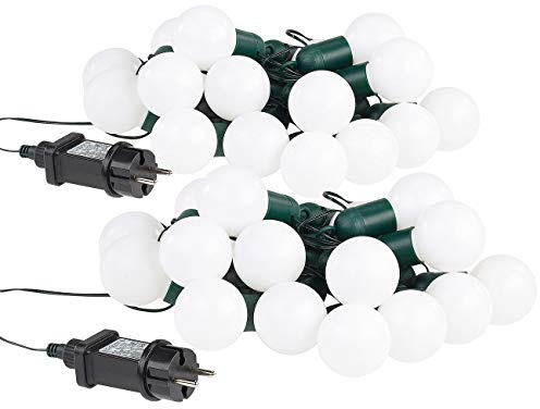 Lunartec Lichterkette 230V: 2er-Set LED-Lichterkette mit je 20 Lämpchen, 1,2 W, warmweiß, IP44 (Glühbirne innen, große Glühbirnen)