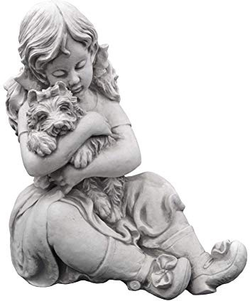 gartendekoparadies.de Kleines Mädchen mit Hund, Steinfigur H. 41 cm, 22 kg, Grau, frostsicher aus Steinguss für Außenbereich