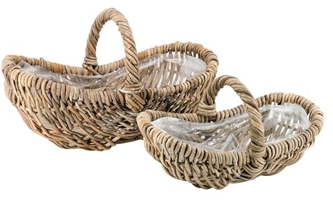 Kartoffelkorb Set – Naturweide oder Rattan Körbe mit Folie & Henkel - Ernte-,Pflanz - & Dekokörbe - Handgeflochten für Indoor & Outdoor (2er Set - Rattan: Natur, B: 40cm/49cm)