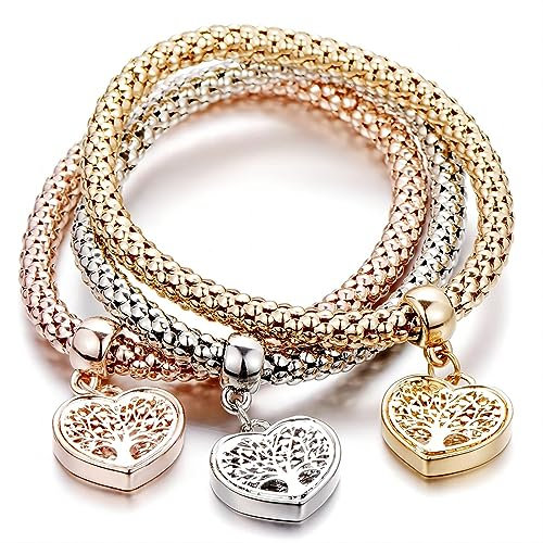 Braccialetto di fascino delle donne 3 pezzi, Elastico Bracciale Catena Popcorn con Pendente Ciondolo Bracciale in Argento Oro Rosa Bracciale Albero Della Vita Braccialetto