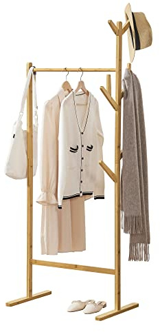 [en.casa] Garderobenständer Nordreisa 65x40x170cm Bambus Kleiderständer freistehende Garderobe mit Kleiderstange und 8 Kleiderhaken Natur standfest