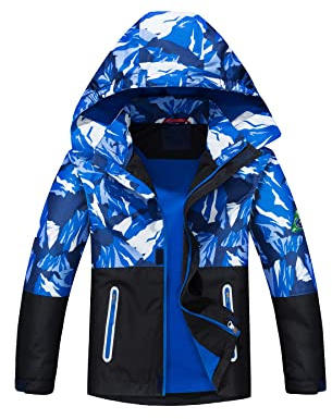 NATUST Boys Waterproof Jacket Fleece Lined Raincoat Kids Windproof Rain Coat Unisex Windbreaker Blue 7-8 Years
