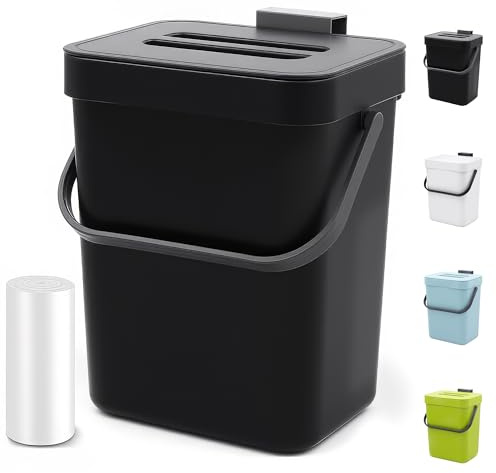 MONGTINGLU Compost Bin Countertop Hanging Small Trash Can with Lid Kitchen Bathroom Under Sink Kitchen Waste Bin Indoor Compost Bin with Lid (Black)
