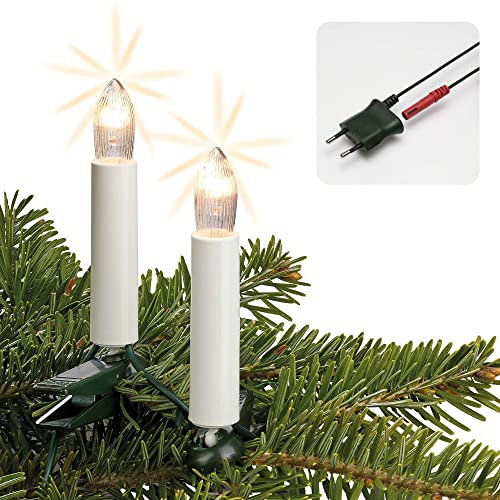 Hellum Weihnachtsbaumlichterkette, Made in Germany, Riffelkerze mit Clip, 15 Lichter, beleuchtete Länge 9,8m, warmweiß, Schaft weiß, für Innen, teilbarer Stecker, 3 Ersatzkerzen, kein LED <59lm 430110