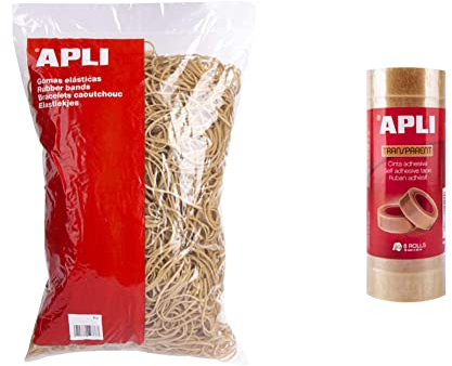 APLI 13743 - Gomas elásticas 60 x 2 mm en bolsa 1 kg & 12490 - Cinta adhesiva celo transparente 19 mm x 33 m, 8 unidades