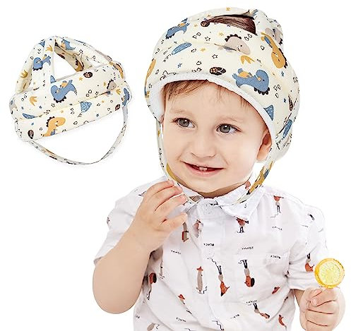 JUNUNDJING Casco Bebe Golpes, Protector Cabeza Bebe, Casco Protector Ajustable, Seguridad Bebe, Protectores Bebe Casa, Hecho de Algodón Agradable Para La Piel, Transpirable, Pequeño Dinosaurio Azul
