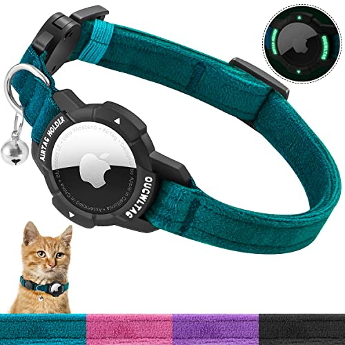 Luminous AirTag Cat Collar Breakaway, OUCWLTAG GPS Cat Collar with Apple Air Tag Holder, Cat Tracker Collars with Safety Elastic Band for Girl Boy Cats, Kittens and Puppies (Blue, 9-13 Inch)