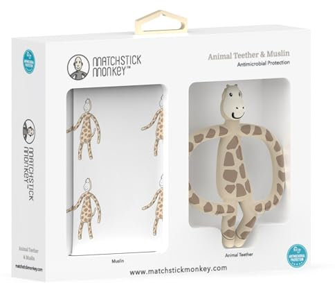 Matchstick Monkey Geschenkset Tier-Beißring & Musselin-Tuch Gigi Giraffe - Silikon & Bio Baumwolle - Zahnungshilfe & Spucktuch - ideal zum Abwischen Reinigen oder Abdecken von Babys