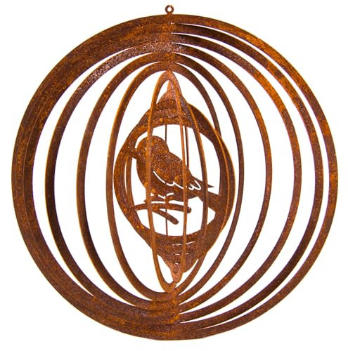 Metall Windspiel Spatz zum Hängen und Drehen Vogel Edelrost Frühling Deko D=18 cm