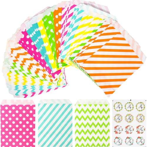 Papiertüten Candy Bar Tüten Geschenktüten - 105 Stück Bunt Butterbrottüten Süßigkeiten für Candybar Brottüten Hochzeit mit 108 Aufkleber 13x18 cm