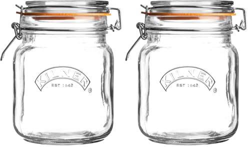 Kilner 1 Litre Square Glass Clip Top Preserve Storage Jar (Pack of 2)