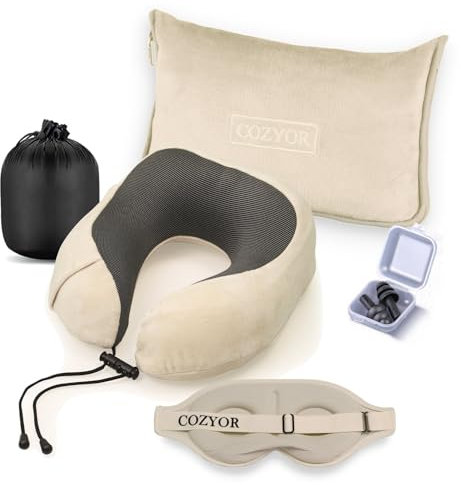 Cozyor Kit de Voyage 4 pièces : Coussin de Nuque + Masque de Sommeil + Oreiller de Voyage & Couverture de Voyage 2 en 1 + Bouchons d'oreille, avec Clip de Sac à Dos et Fixation pour Valise