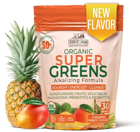 Country Farms Super Greens Pineapple-Mango Flavor, 50 Organic Super Foods, USDA Organic Drink Mix (Wheat Grass, Spirulina, Chlorella) Mushrooms & Probiotics, with Fiber, Natural Energy, 30 Servings