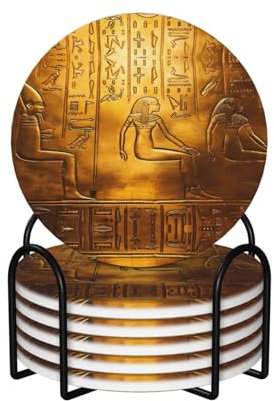 BHCASE Runde Keramik-Kork-Untersetzer, 6 Stück, ägyptische Hieroglyphen, bedruckt: rutschfester Korkboden, passend für alle Kaffeetassen, Sportbecher und Becher