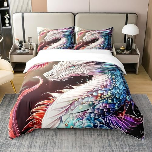 100% Baumwolle Bunte Drachen 135x200 Bettwäsche Sets für Mädchen,Vintage Gothic Tröster Abdeckung Künstlerische Fantasie Mythische Tier Bettbezug,Antike Wildlife Zimmer Dekor Ästhetisch Atmungsaktiv