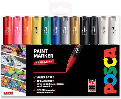 Posca Permanent-Marker auf Wasserbasis, vielseitig verwendbar, PC-1M, 0,7–1,0 mm, extra fein, professionelles Set mit 12 Stück, inklusive extra Schwarz und Weiß