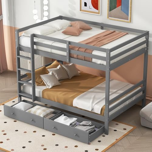 Ymkua Etagenbett Kinderbett 140x200 cm, Hochbett Hausbett mit 2 Stauraum Schubladen, Bett für 2 Kinder mit Leiter und Rausfallschutz, Holzbett Doppelbett mit Lattenrost aus Holz, Ohne Matratze (Grau)