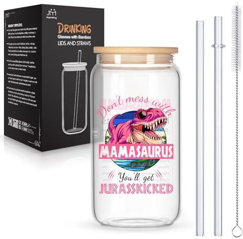 Joyful Glass with Bamboo Lids & Straws - 16oz Iced Coffee/Tea Mug for Mother's Day Gift - Funny Best Present for Mum