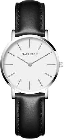 Garrulax Damen ultradünnes Gehäuse Analoge Quarzuhr Armbanduhren 36MM(Silber, Weiße Oberfläche, Schwarzes Leder)