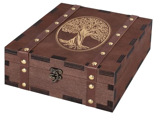 MACEVIA Tree of Life Keepsake Box, Vintage Decorative Wooden Organizer with Lock,Memory Box, Tarot Boxes, Witch Boxes, Decorative Storage, Unique Gift for Women, Mom, Grandma (7.85x7.85x2.95)