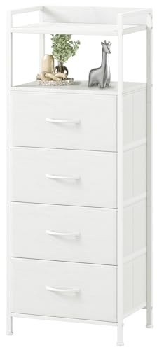 Somdot Commode Chambre, Meuble de Rangement Haute en Tissu avec Cadre en Acier, Chiffonnier pour Adult Salon Couloir Entrée Placard, 29P x 38,7l x 92,3H (4 Tiroirs), Blanc