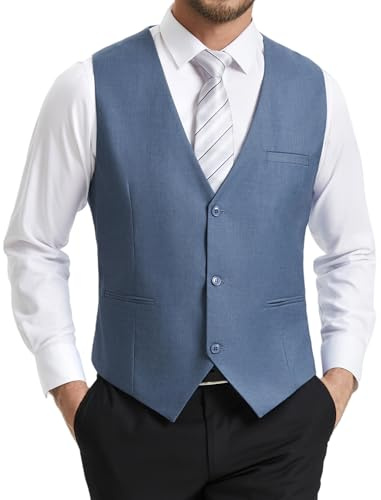 HISDERN Chaleco Vestir Hombre Azul Elegante Formal Clásico Color Liso Ajustable Chalecos de Traje Hombre con 3 Botones Bolsillo para Boda Ceremonias Fiesta Negocio Eventos Regular Fit M