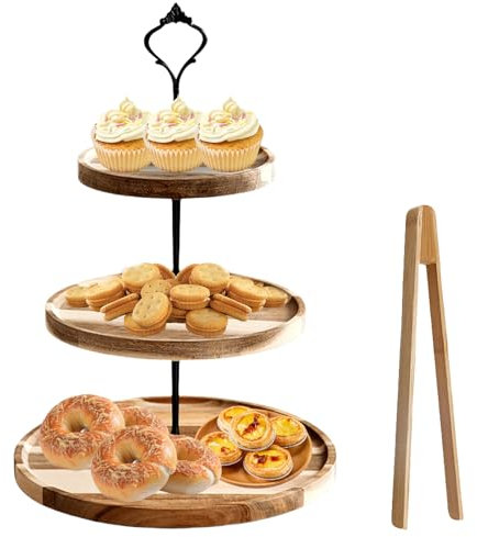 3 alzatorta in legno, con manico in metallo, per tè pomeridiano, matrimonio, compleanno, festa