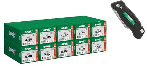 SPAX Heimwerker Schrauben-Set, 4200 Teilgewinde-Schrauben inkl. Multitool | Schraubensortiment mit Multitool, 10 Abmessungen von 4x40 mm bis 6x120 mm, Senkkopf, Holzbauschrauben fuer Innen und Aussen