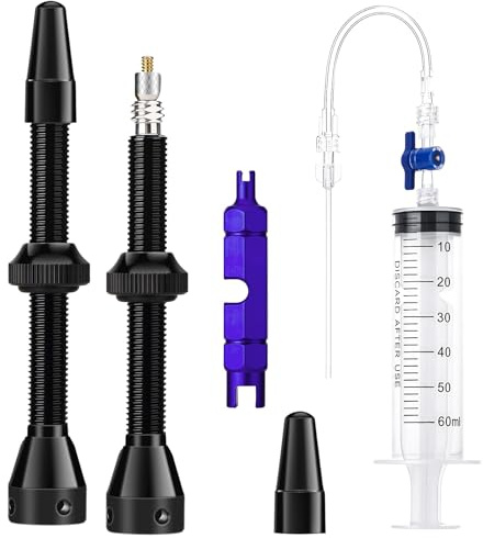 Xialvyu Tubeless Ventile Set 60mm Schwarz Aluminiumlegierungsschäfte | Enthalten Tubeless Spritze Und Ventileinsatz Entfernungswerkzeug Geeignet Für MTB Und Rennrad Felgen Stabil