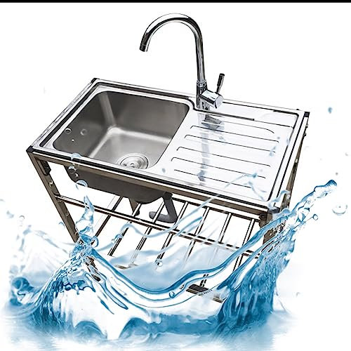 DECAKE Outdoor Utility Sink Stainless Steel Freestanding Single Bowl Workbench Sink with Drainer Unit, Faucet, Storage Shelves, 78x43x77CM, Hot and Cold
