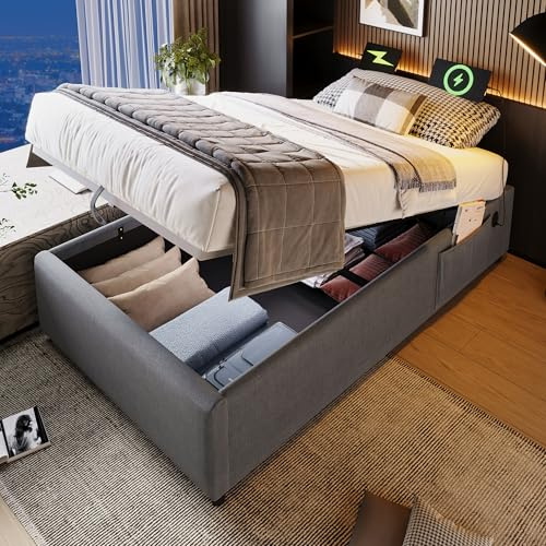TOBIDOEN Einzelbett 90×200 cm, Stauraumbett Bettgestell mit Bettfunktion und Vollflächiger Lattenrost, Polsterbett mit Bettseitige Stautasche und Stauraum, Ohne Kopfteil, Baumwolle, Grau