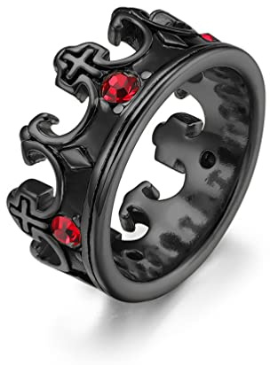 FATACI Mens Royal King Knight Crown Ring,Black Stainless Steel Vintage Cross Wedding Band Ring with Red Cubic Zirconia,Size 8