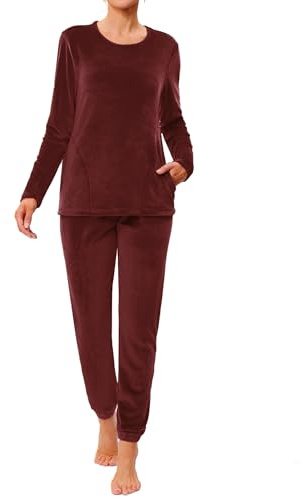 Wayleb Pyjama Damen Schlafanzug Fleece Herbst Winter Lounge Wear Lang Zweiteiliger Freizeitanzug Rundhals Langarm Oberteile mit Tasche und Pyjamahose Homewear Set, Weinrot -B, M