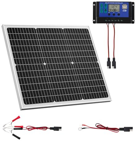 VEVOR Chargeur Batterie Panneau Solaire 50 W 12 V, Cellules Monocristallines, Contrôleur MPPT Externe, Étanchéité IP65, pour Voitures, Bateaux, Camping-cars, Remorques, Toit Plat, Support Non Inclus