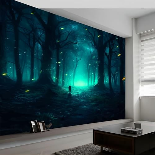 Wall Mural Turquoise Forest Fireflies Wallpaper, 3D Wall Mural Decoration Poster Fantasy Art Picture Design Photo Wallpaper for Living Room Bedroom Children's Room Office 300 x 210 cm